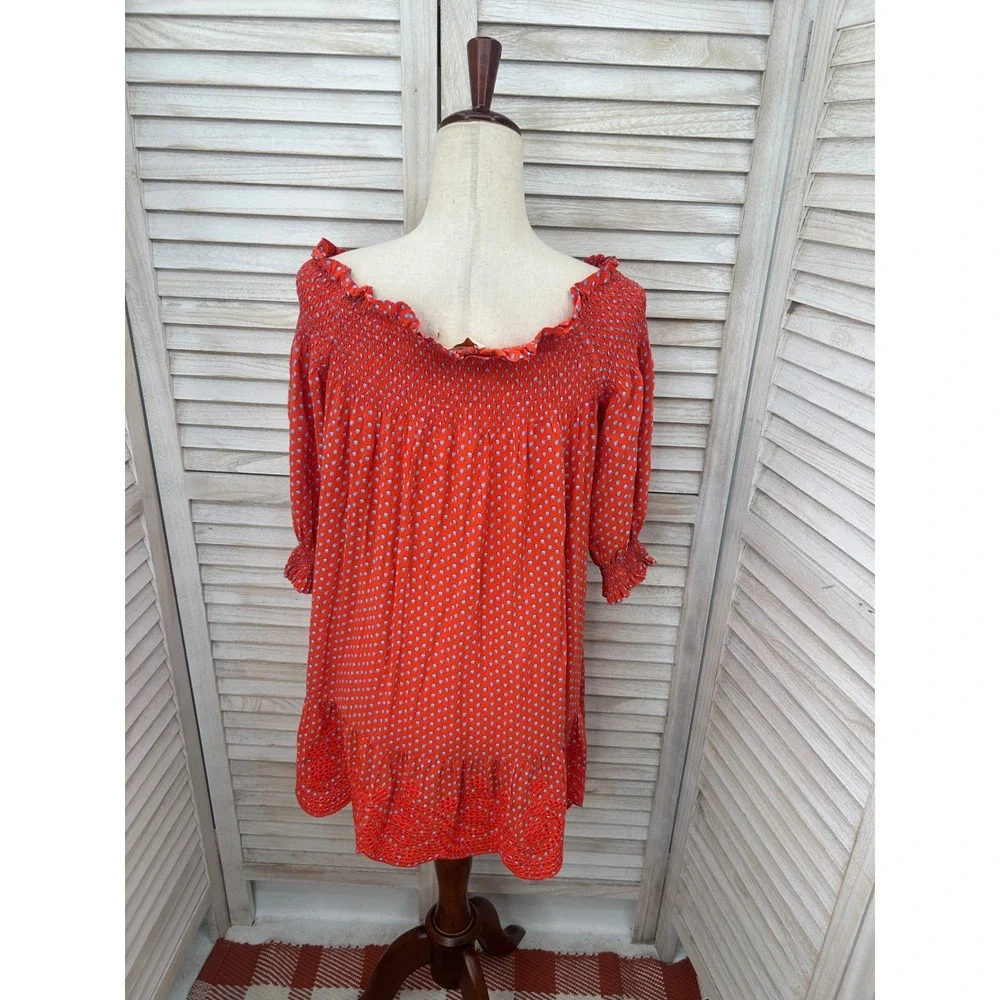 Tory Burch Off the Shoulder Dress Size XS Orange Polka Dot Shirred Ruched Ruffle